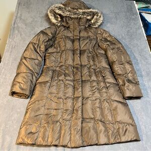 Eddie Bauer Sz Small Olive Green Down Puffer Parka Faux Fur Hood Winter Jacket